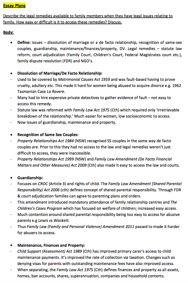 HSC Legal Studies Family Law Essay Plans - NoteXchange