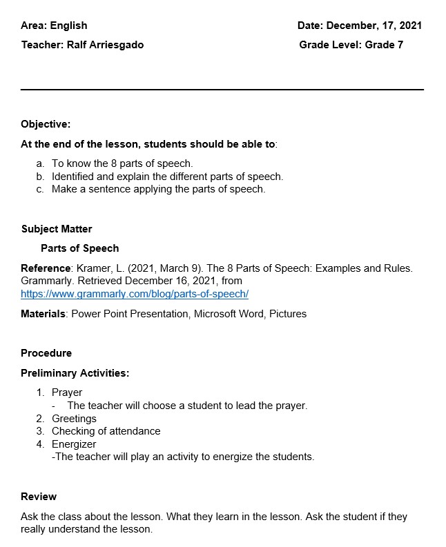 lesson plan in parts of speech