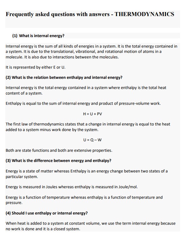 Frequently Asked Questions For Thermodynamics - NoteXchange